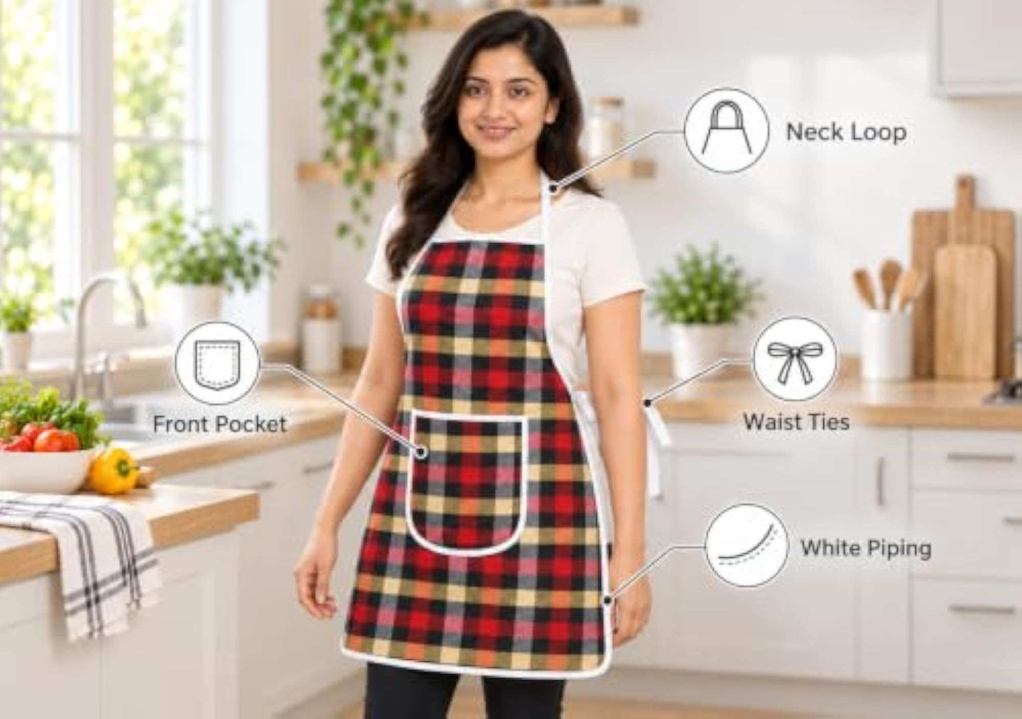 Red Checkered Kitchen Apron for Women with Front Pocket
